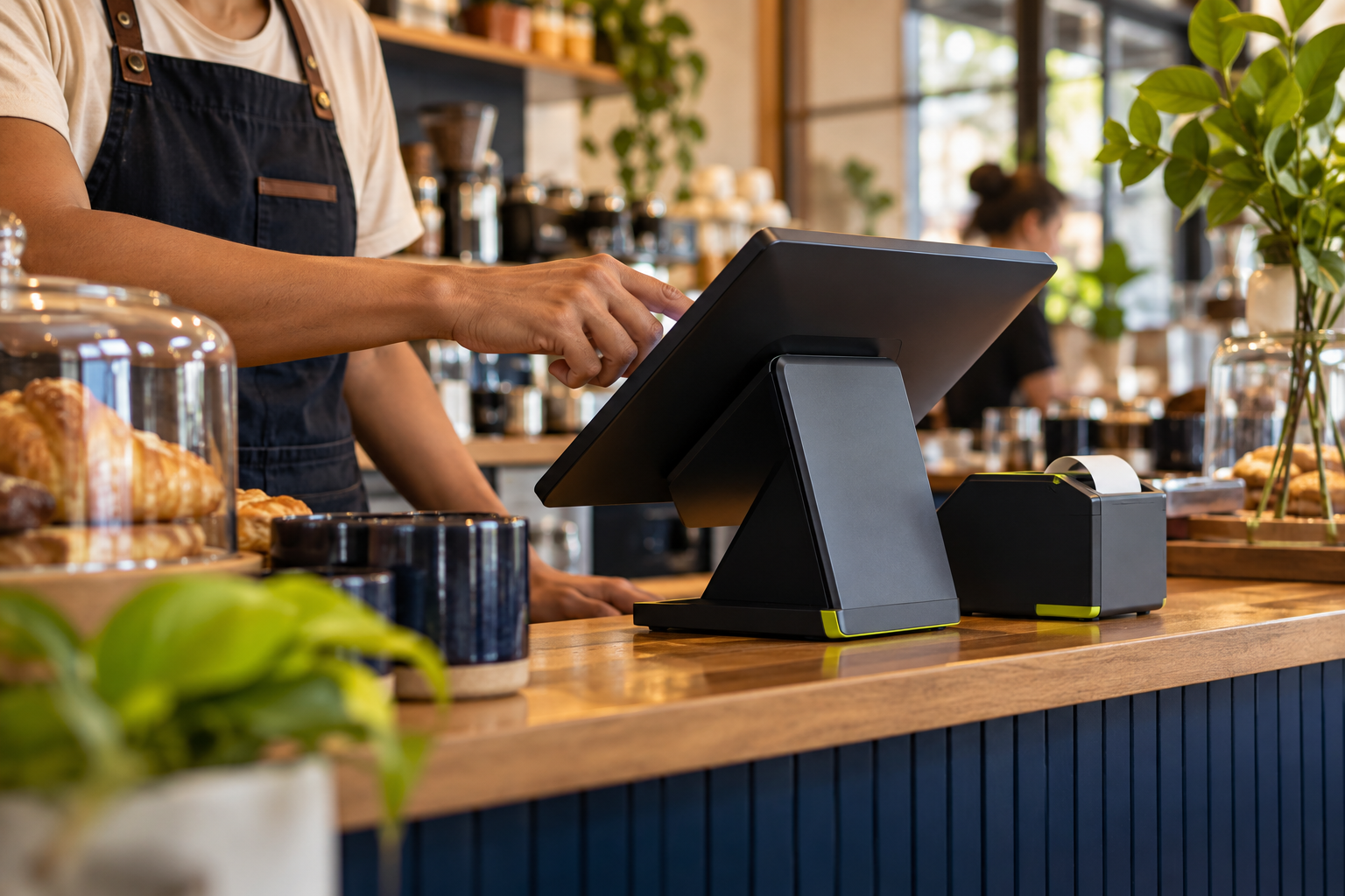 Atendimento no caixa de um café com terminal de vendas e impressora